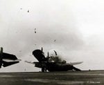 F4U, Maj. Elton Mueller  skipped barriers while landing (survived).jpg