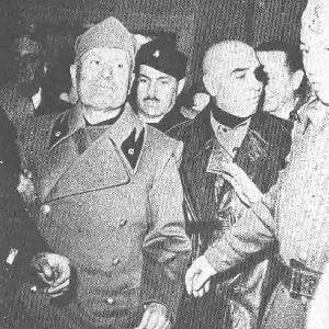 Mussolini, Pavolini and F. Barracu on 25 Apr 45. Three days before his exec
