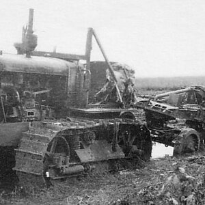 A damaged soviet tractor S-65 Stalinetz with the 152mm ML-20 gun